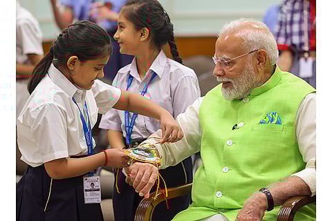 Raksha Bandhan celebration: PM Modi during Raksha Bandhan celebration with school children in New Delhi